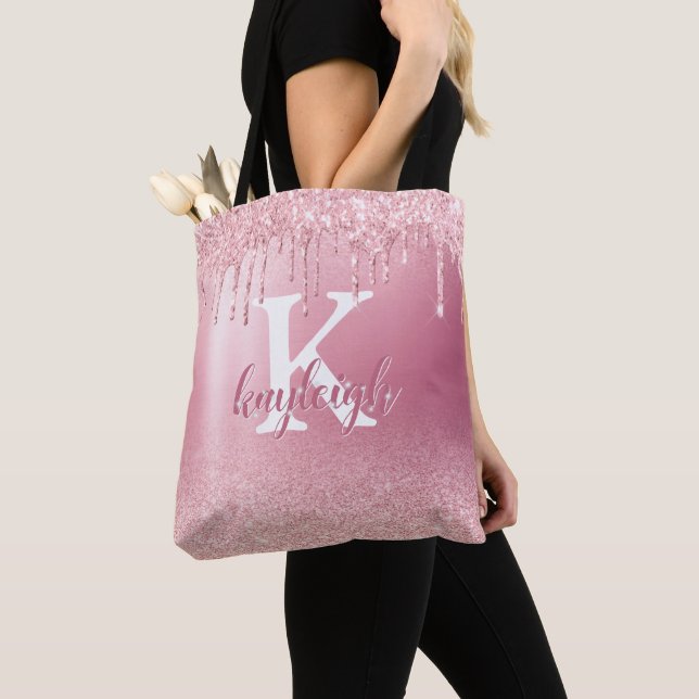 Rose Gold Glitter Sparkle Brushed Metal Monogram Tote Bag (Close Up)