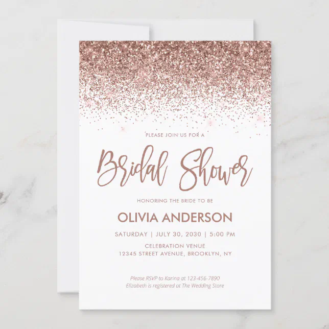 Rose Gold Glitter Sparkle Confetti Bridal Shower Invitation | Zazzle