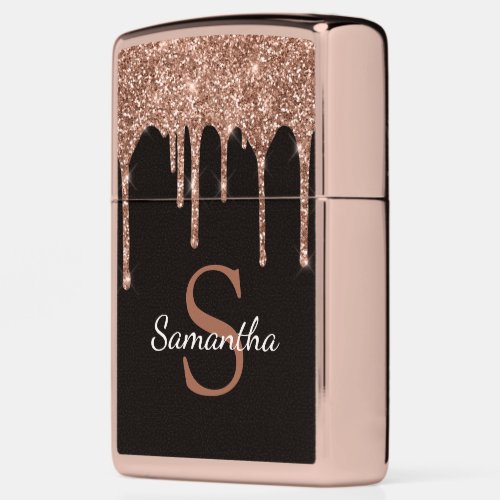 Rose Gold Glitter Sparkle Drip Black Monogram Name Zippo Lighter