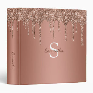 Rose Gold Glitter Sparkle Drip Monogram Name 3 Ring Binder