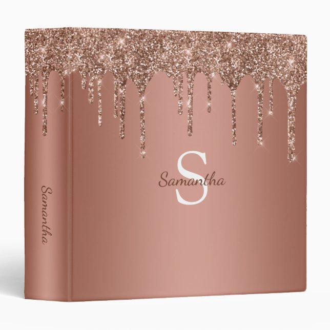 Rose Gold Glitter Sparkle Drip Monogram Name 3 Ring Binder (Front/Spine)