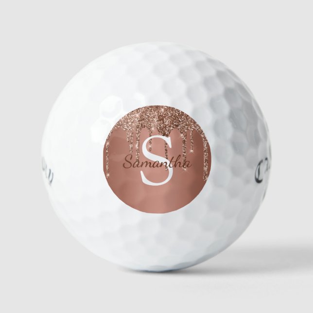Rose Gold Glitter Sparkle Drip Monogram Name Golf Balls (Front)