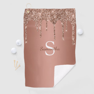 Rose Gold Glitter Sparkle Drip Monogram Name Golf Towel