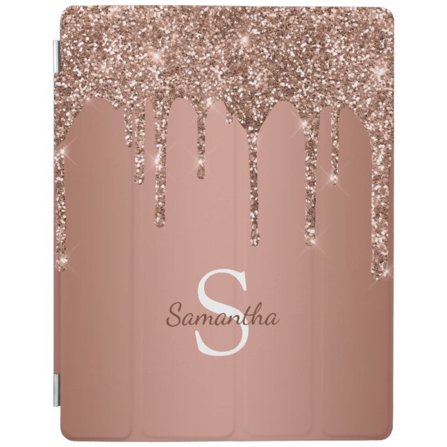 Rose Gold Glitter Sparkle Drip Monogram Name iPad Smart Cover (Front)