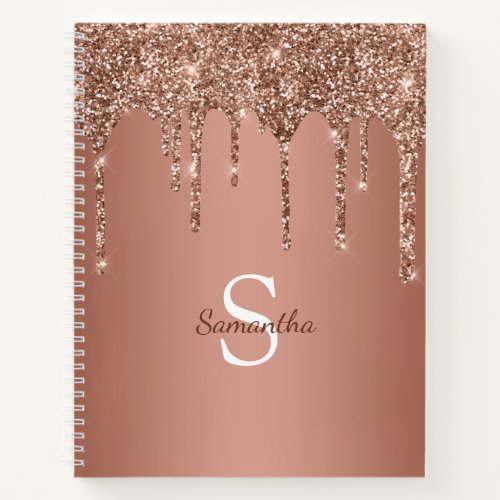 Rose Gold Glitter Sparkle Drip Monogram Name Notebook