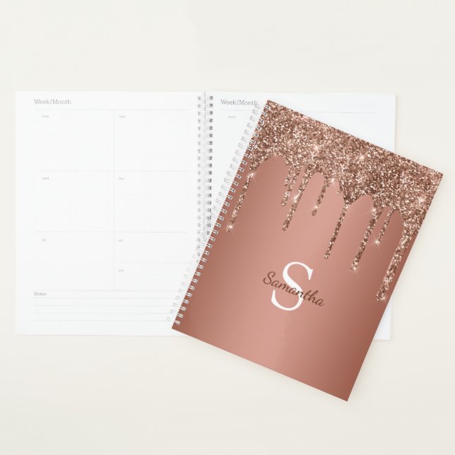 Rose Gold Glitter Sparkle Drip Monogram Name Planner (Display)