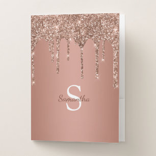 Rose Gold Glitter Sparkle Drip Monogram Name Pocket Folder