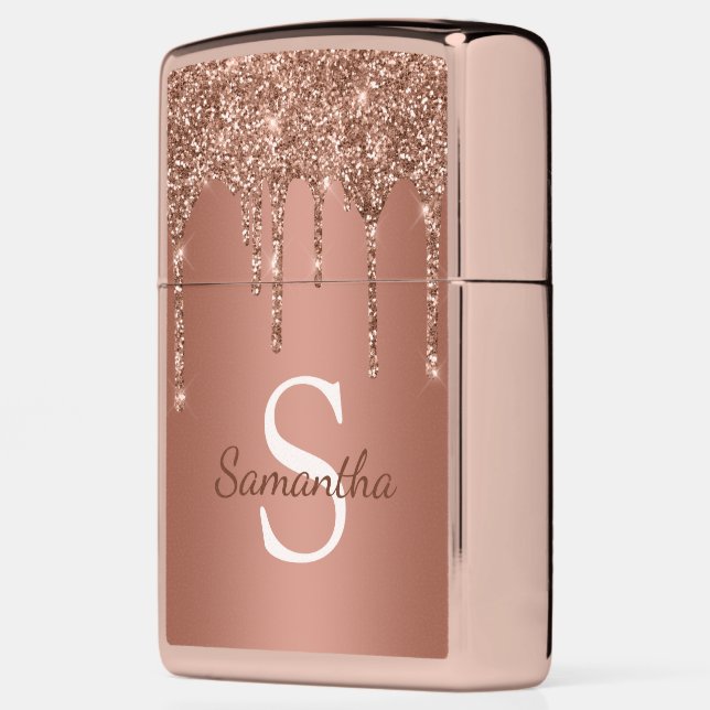 Rose Gold Glitter Sparkle Drip Monogram Name Zippo Lighter (Left)