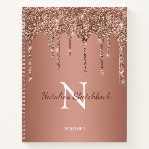 Rose Gold Glitter Sparkle Drip Monogram Sketchbook Notebook
