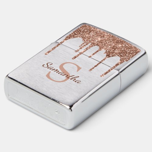 Rose Gold Glitter Sparkle Drips Monogram Zippo Lighter