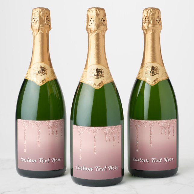 Rose Gold Glitter Sparkle Drips Personalized Text Sparkling Wine Label (Bottles)