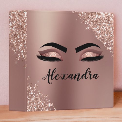 Rose Gold Glitter Sparkle Eyelashes Monogram Name 3 Ring Binder