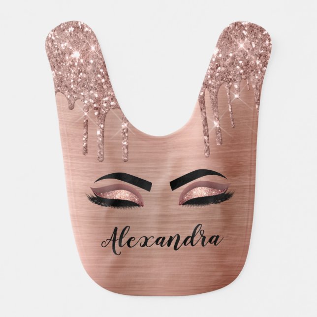 Rose Gold Glitter Sparkle Eyelashes Monogram Name Baby Bib (Front)