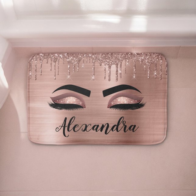 Rose Gold Glitter Sparkle Eyelashes Monogram Name Bath Mat (Creator Uploaded)