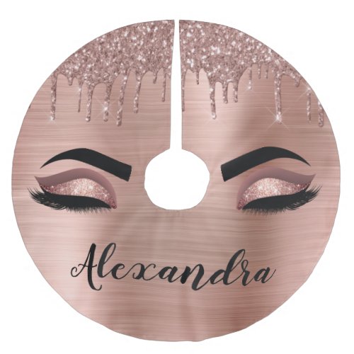 Rose Gold Glitter Sparkle Eyelashes Monogram Name Brushed Polyester Tree Skirt