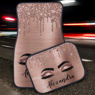 Rose Gold Glitter Sparkle Eyelashes Monogram Name Car Floor Mat