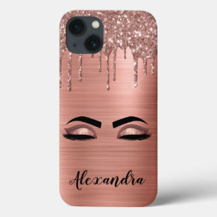 Rose Gold Glitter Sparkle Eyelashes Monogram Name iPhone 13 Case