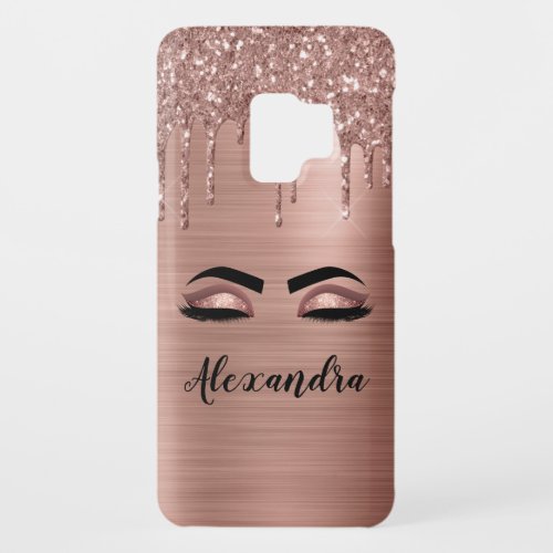 Rose Gold Glitter Sparkle Eyelashes Monogram Name Case_Mate Samsung Galaxy S9 Case