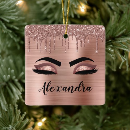 Rose Gold Glitter Sparkle Eyelashes Monogram Name Ceramic Ornament