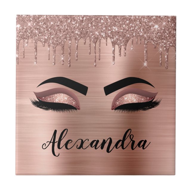 Rose Gold Glitter Sparkle Eyelashes Monogram Name Ceramic Tile (Front)