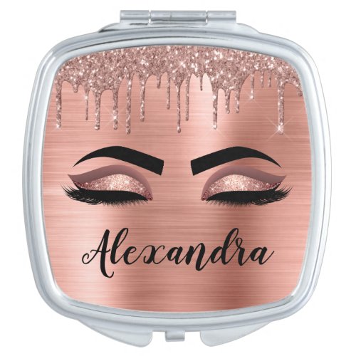 Rose Gold Glitter Sparkle Eyelashes Monogram Name Compact Mirror