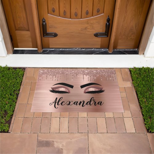 Rose Gold Glitter Sparkle Eyelashes Monogram Name Doormat