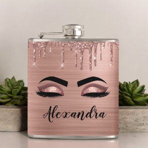 Rose Gold Glitter Sparkle Eyelashes Monogram Name Flask
