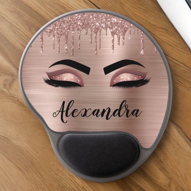Rose Gold Glitter Sparkle Eyelashes Monogram Name Gel Mouse Pad (Creator Uploaded)
