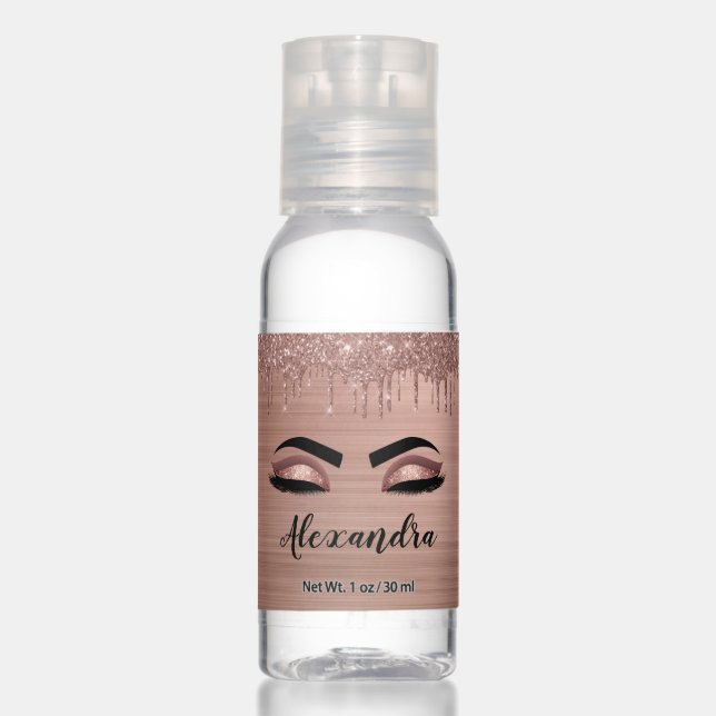 Rose Gold Glitter Sparkle Eyelashes Monogram Name Hand Sanitizer (Front)