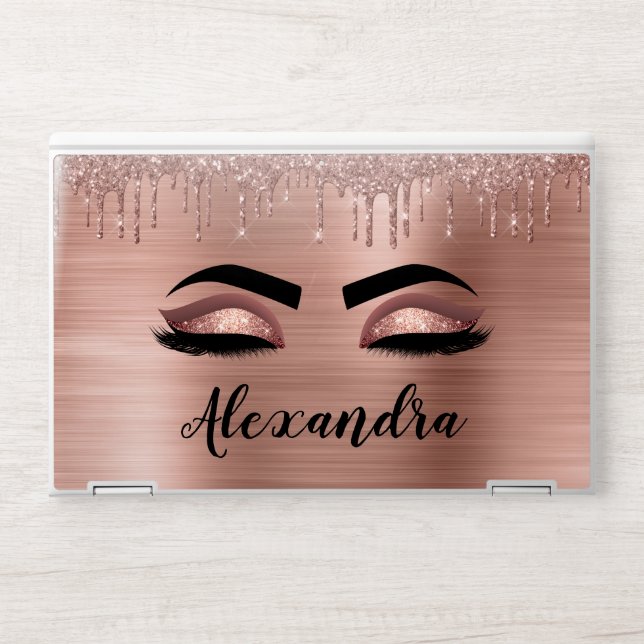 Rose Gold Glitter Sparkle Eyelashes Monogram Name HP Laptop Skin (Front)