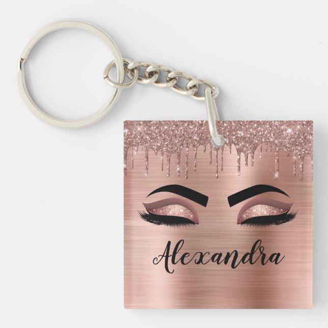 Rose Gold Glitter Sparkle Eyelashes Monogram Name Keychain (Front)