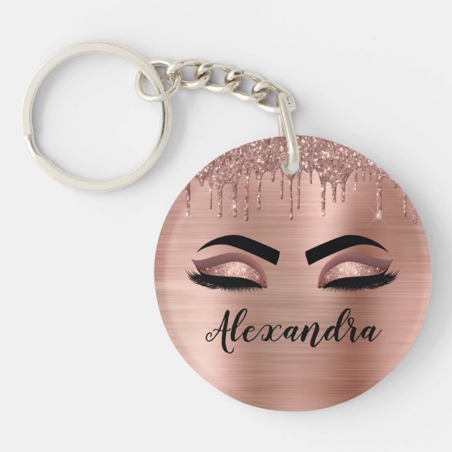Rose Gold Glitter Sparkle Eyelashes Monogram Name Keychain (Front)