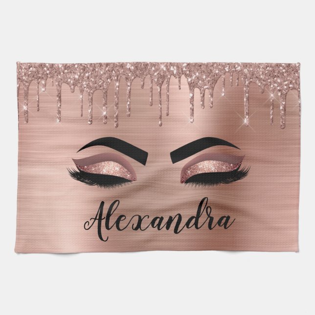 Rose Gold Glitter Sparkle Eyelashes Monogram Name Kitchen Towel (Horizontal)