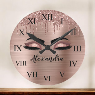 Rose Gold Glitter Sparkle Eyelashes Monogram Name Large Clock