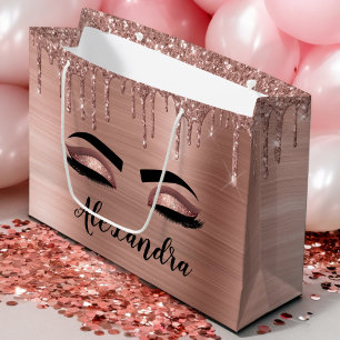 Rose Gold Glitter Sparkle Eyelashes Monogram Name Large Gift Bag