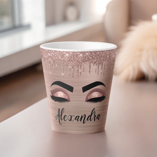 Rose Gold Glitter Sparkle Eyelashes Monogram Name Latte Mug