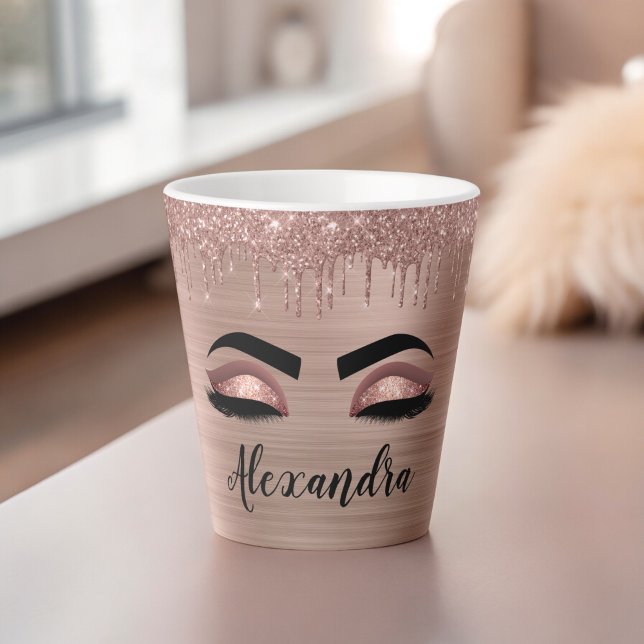 Rose Gold Glitter Sparkle Eyelashes Monogram Name Latte Mug (Creator Uploaded)