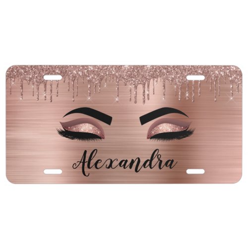 Rose Gold Glitter Sparkle Eyelashes Monogram Name License Plate