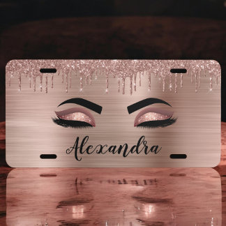 Rose Gold Glitter Sparkle Eyelashes Monogram Name License Plate