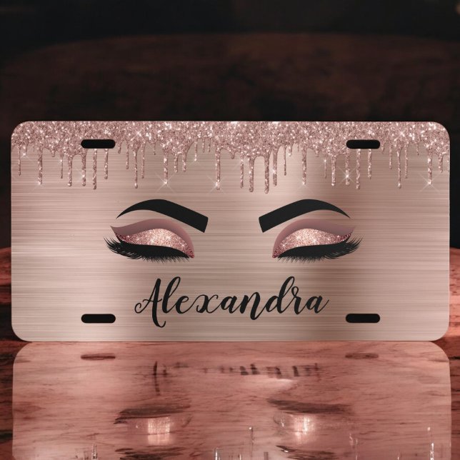 Rose Gold Glitter Sparkle Eyelashes Monogram Name License Plate (Creator Uploaded)