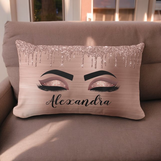 Rose Gold Glitter Sparkle Eyelashes Monogram Name Lumbar Pillow (Creator Uploaded)