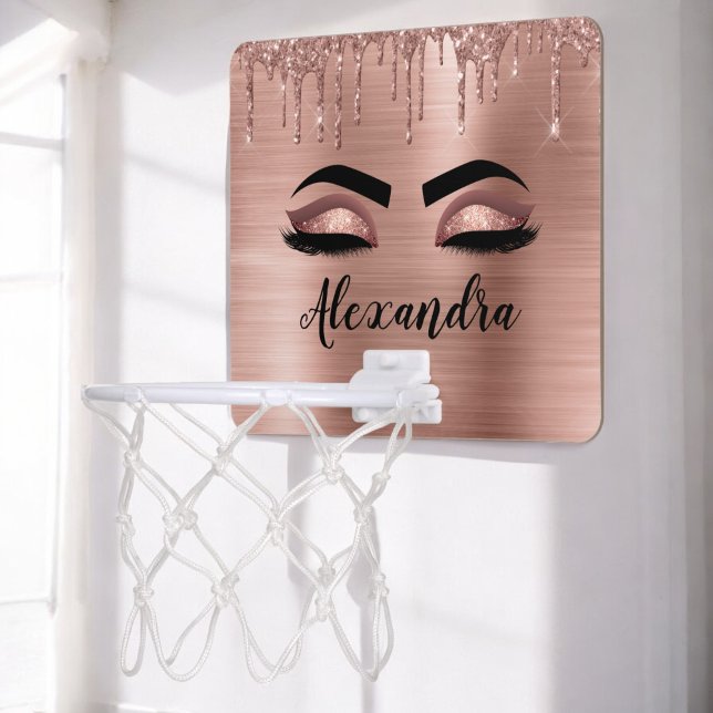 Rose Gold Glitter Sparkle Eyelashes Monogram Name Mini Basketball Hoop (Creator Uploaded)