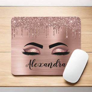 Rose Gold Glitter Sparkle Eyelashes Monogram Name Mouse Pad