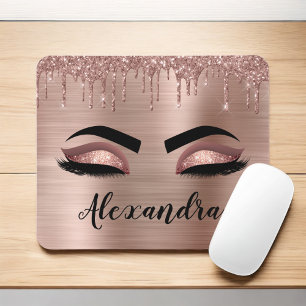 Rose Gold Glitter Sparkle Eyelashes Monogram Name Mouse Pad