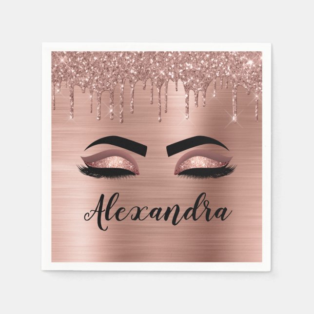 Rose Gold Glitter Sparkle Eyelashes Monogram Name Napkins (Front)
