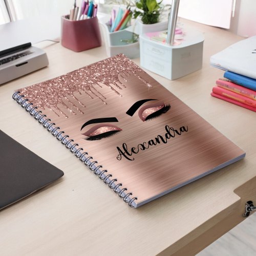 Rose Gold Glitter Sparkle Eyelashes Monogram Name Notebook