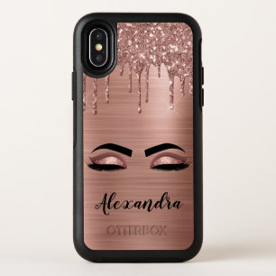 Rose Gold Glitter Sparkle Eyelashes Monogram Name OtterBox Symmetry iPhone X Case