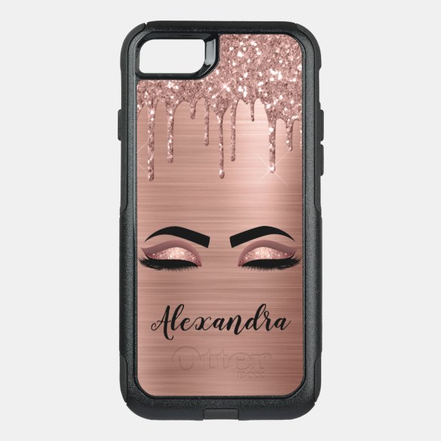 Rose Gold Glitter Sparkle Eyelashes Monogram Name Otterbox iPhone Case (Back)