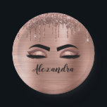 Rose Gold Glitter Sparkle Eyelashes Monogram Name Paper Plates<br><div class="desc">Rose Gold Faux Foil Metallic Sparkle Glitter Brushed Metal Monogram Name and Initial Eyelashes (Lashes),  Eyelash Extensions and Eyes Blush Pink Paper Plates. The design makes the perfect sweet 16 birthday,  wedding,  bridal shower,  anniversary,  baby shower or bachelorette party gift for someone looking for a trendy cool style.</div>