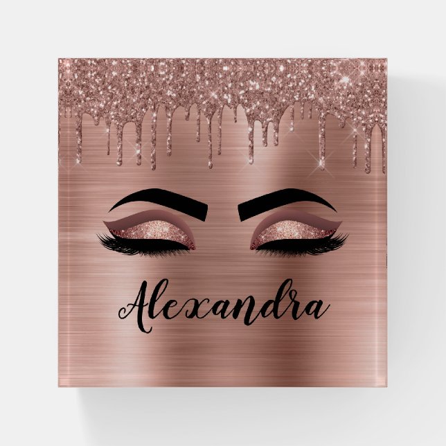 Rose Gold Glitter Sparkle Eyelashes Monogram Name Paperweight (Front)